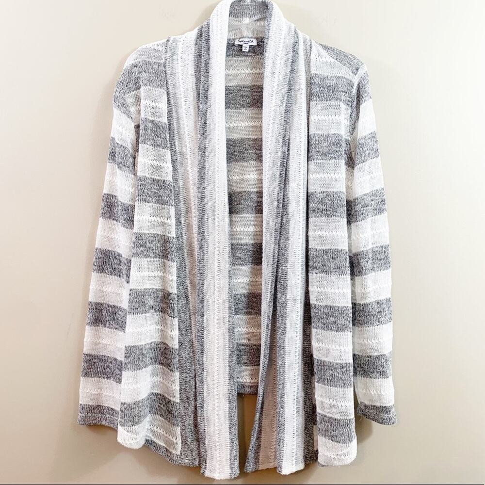 Splendid Drape Open Knit White/Black Striped Long Sleeve Cardigan Sweater